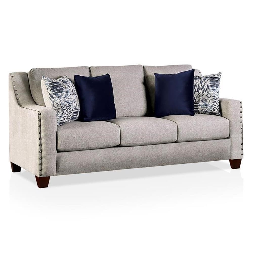 Furniture of America Brill Transitional Fabric Nailhead Sofa - Light Gray Modern Living Room Couch for Home & Office Decor