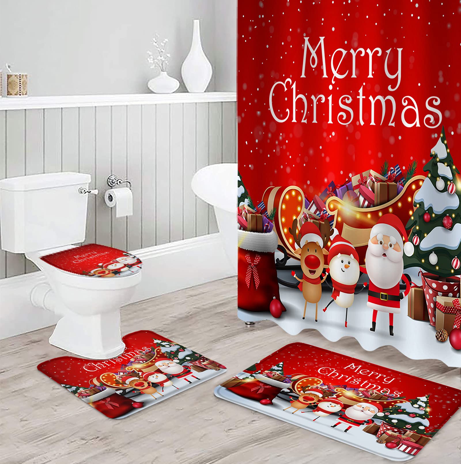 4-Piece Christmas Shower Curtain Set with Santa Claus Snowman Elk Design - Non-Slip Bath Mat, Toilet Cover & Rugs for Winter Bathroom Decor | Perfect for Holiday Home Decor & Gift Giving