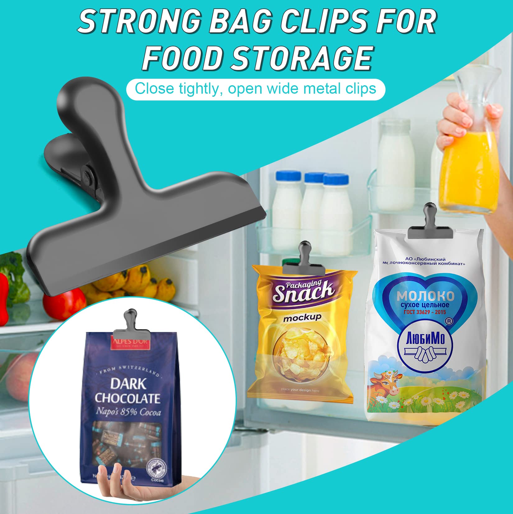 Funfery 8 Pack Stainless Steel Black Chip Clips - 3 Inch Heavy Duty Food Bag Clips for Snacks, Chips, Bread & Kitchen Storage | Durable Metal Clips for Food Packaging, Office & Home Organization (Great for Pantry, Freezer & Travel)