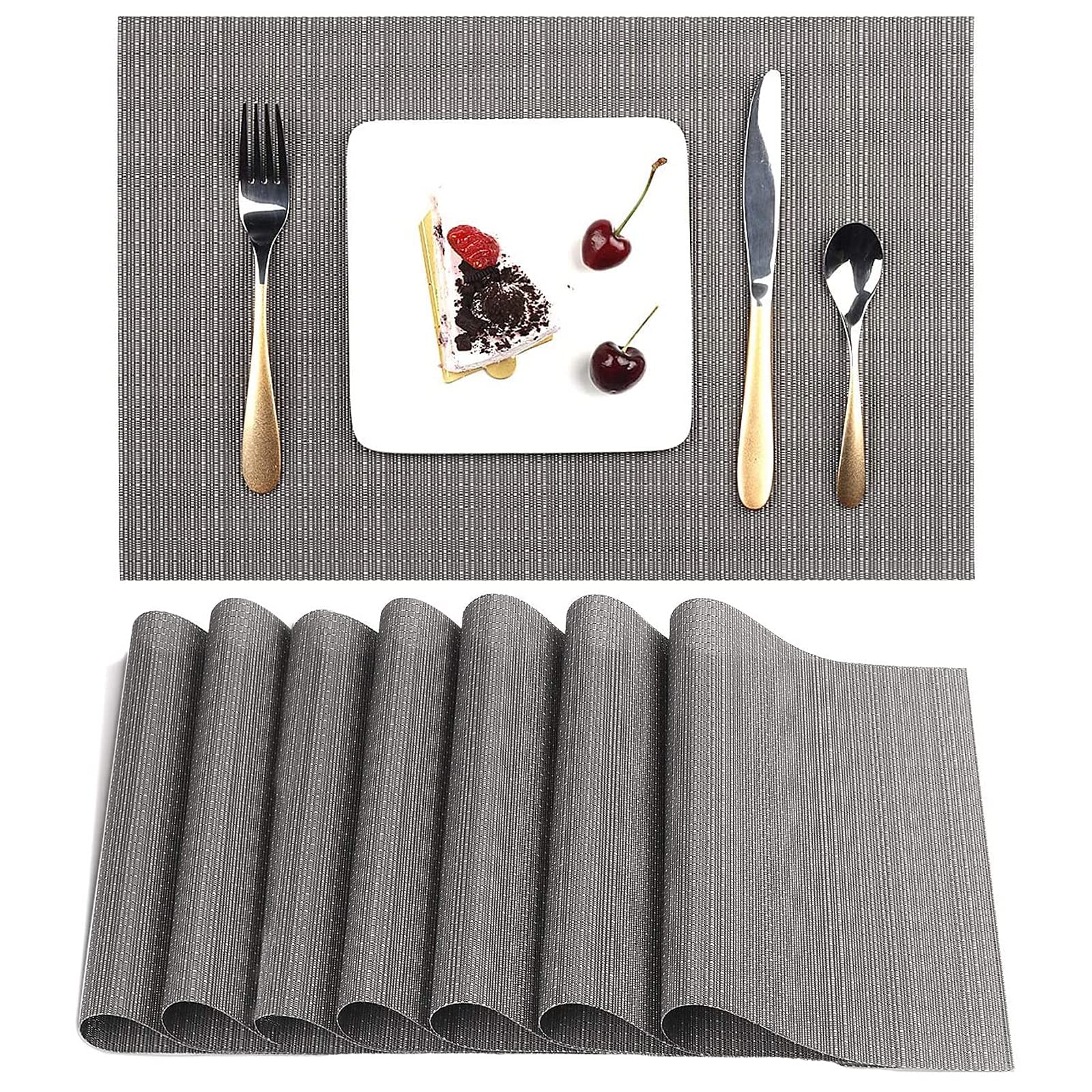 Myir JUN Set of 8 Non-Slip Heatproof Woven Placemats - Washable PVC Table Mats for Dining, Kitchen & Indoor Use (Dark Gray) - Perfect for Everyday Meals, Dinner Parties & Home Decor