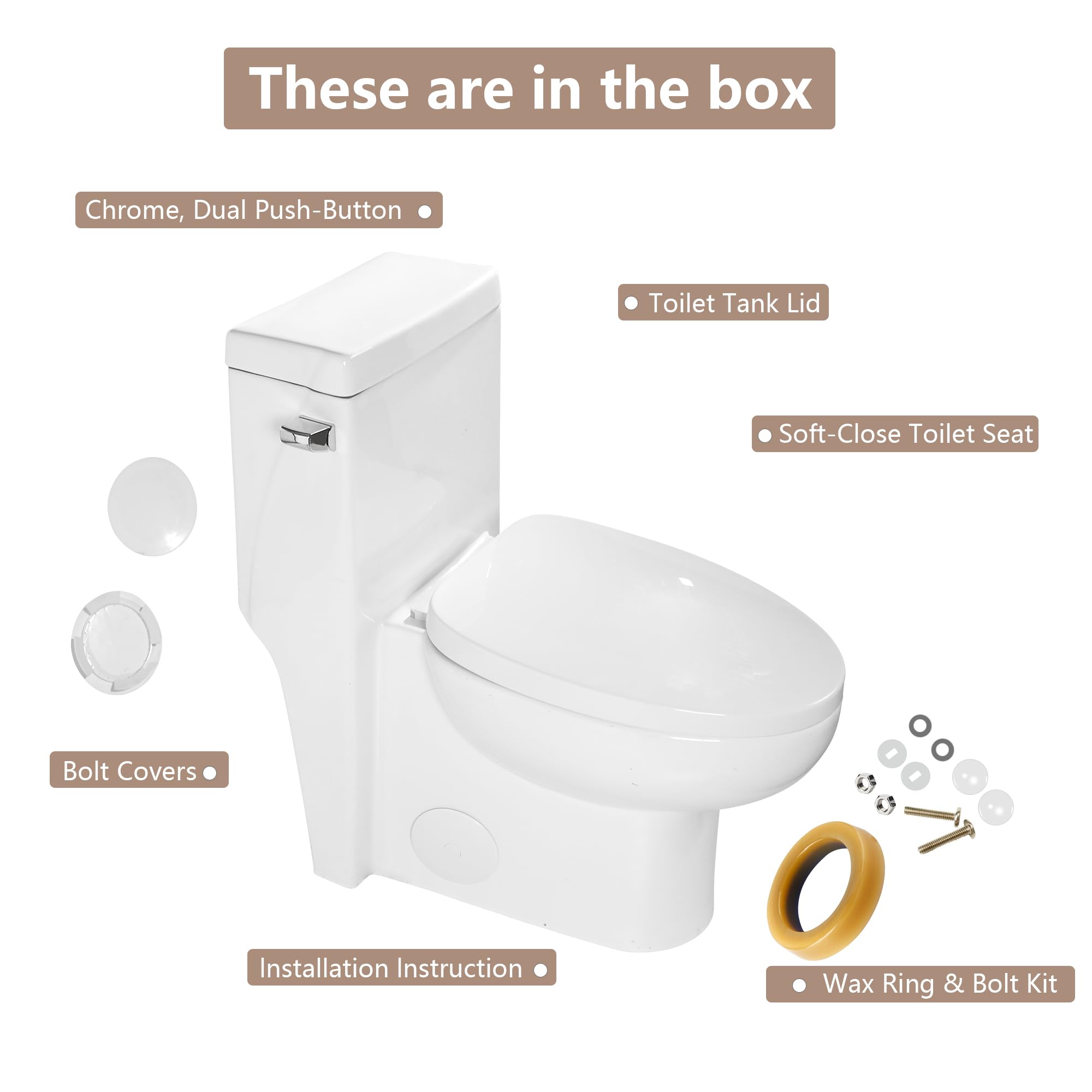 Lordear One Piece Toilet with Comfort Soft Seat - Elongated Single Flush 1.28 GPF White Ceramic Bathroom Toilet, 12