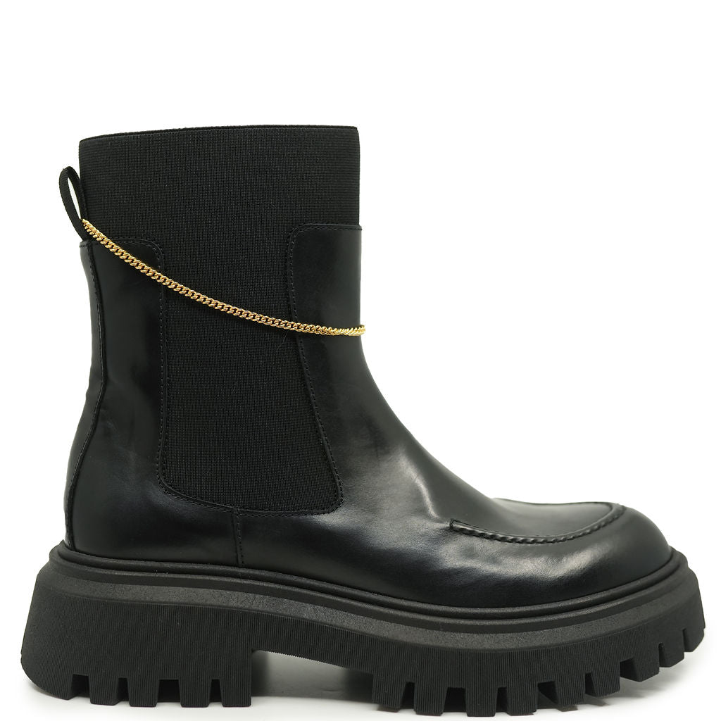 Rondinella Women's Black Leather Ankle Boots with Chain Detail - Stylish & Comfortable for Casual Outings, Parties & Nightlife