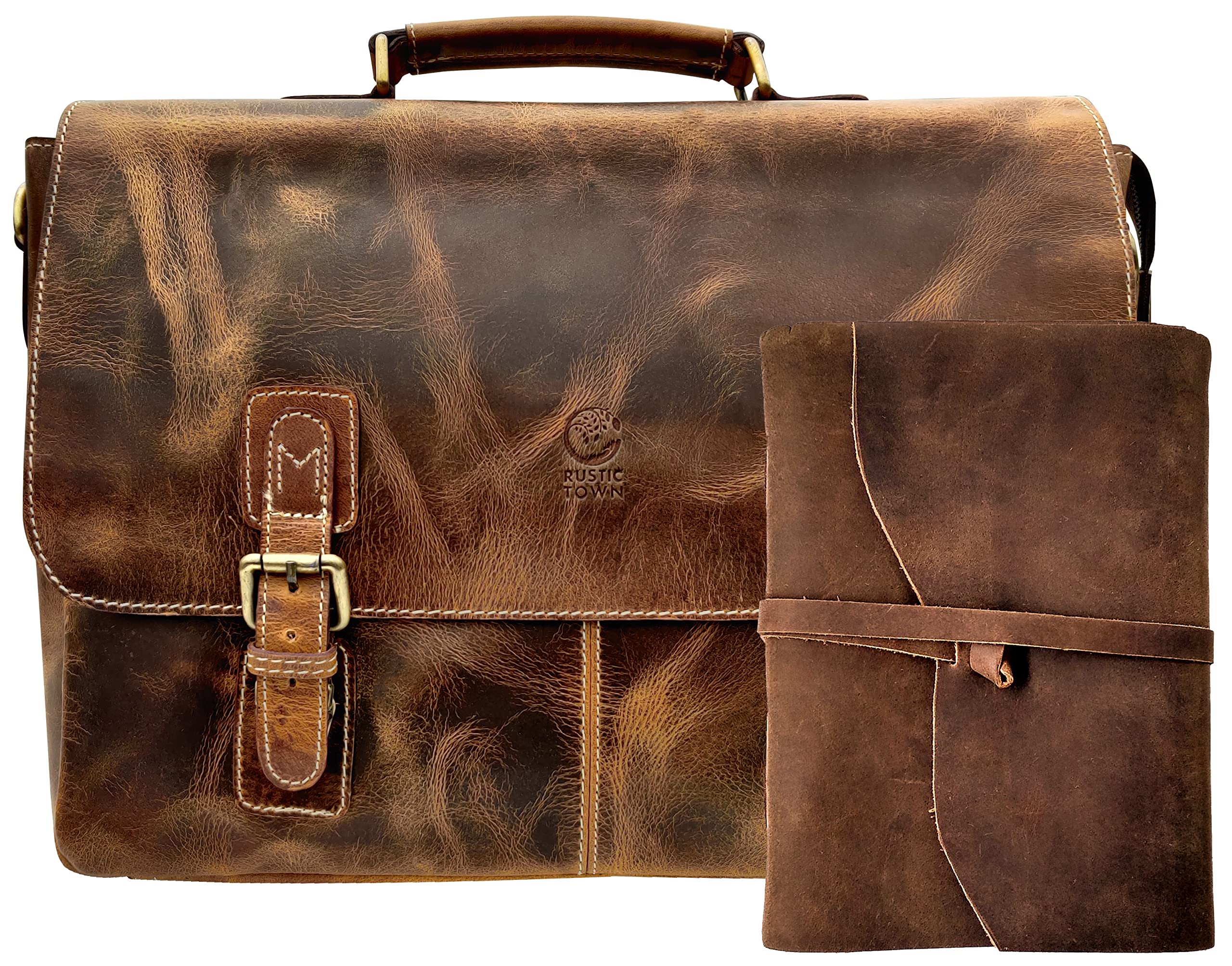 Vintage Leather Satchel Bag & Leather Bound Journal Set - Classic Retro Style for Professionals, Writers & Artists - Perfect for Office, Travel & Creative Work
