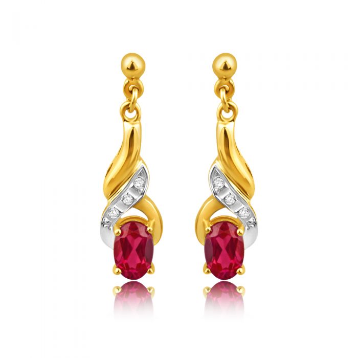 9ct Yellow Gold Created Ruby and Diamond Drop Earrings for Women - Elegant Dangle Earrings for Parties, Weddings & Special Occasions