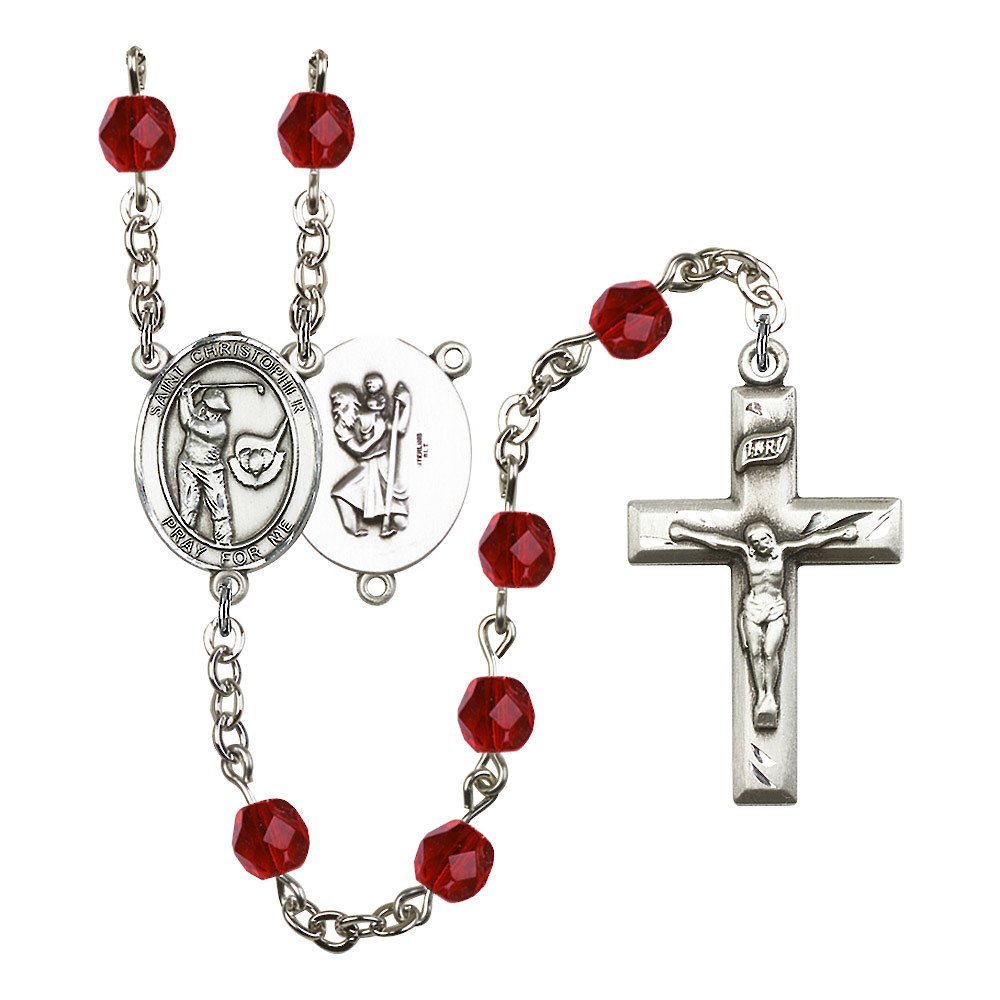 Bonyak Jewelry St. Christopher Golf Silver-Plated Rosary Necklace - Birthstone Colors for All Months | Religious Gift & Golf Accessory for Men & Women