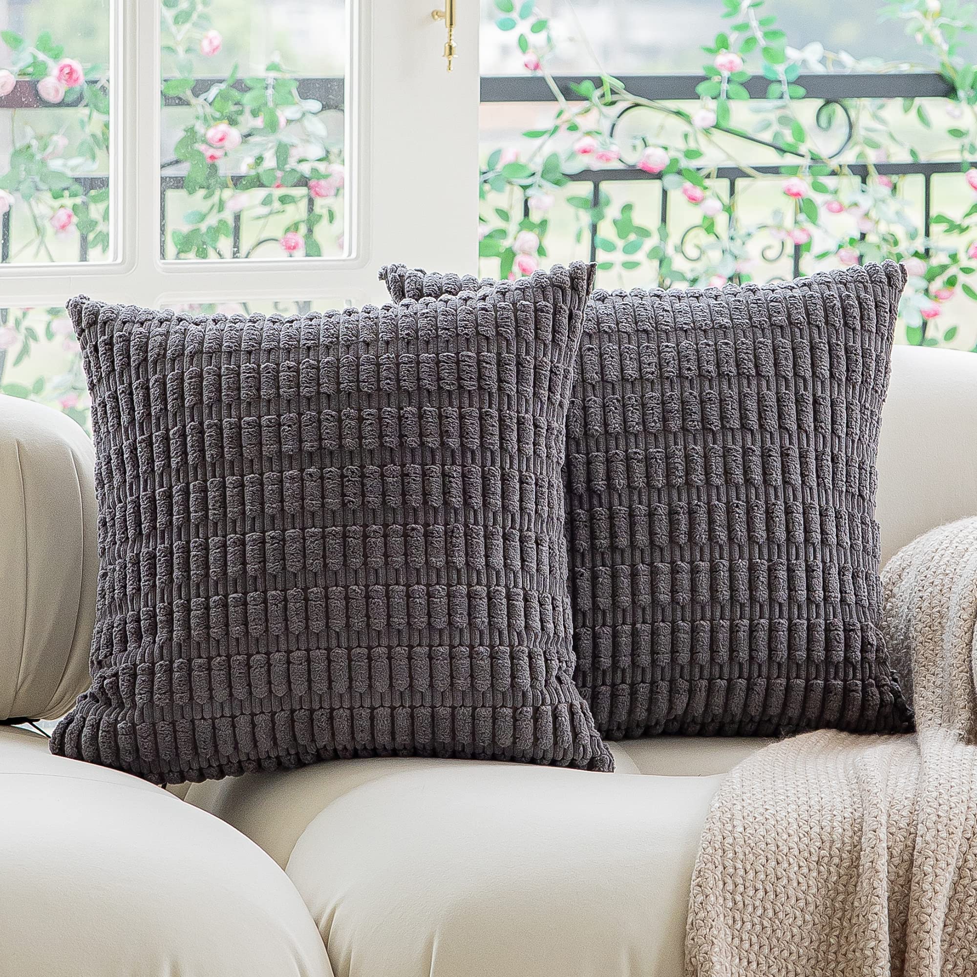 Kevin Textile Pack of 2 Corduroy Decorative Throw Pillow Covers 18x18 Inch - Soft Boho Striped Pillow Covers for Modern Farmhouse Home Decor - Perfect for Spring Sofa, Living Room, Couch & Bed - Dark Grey