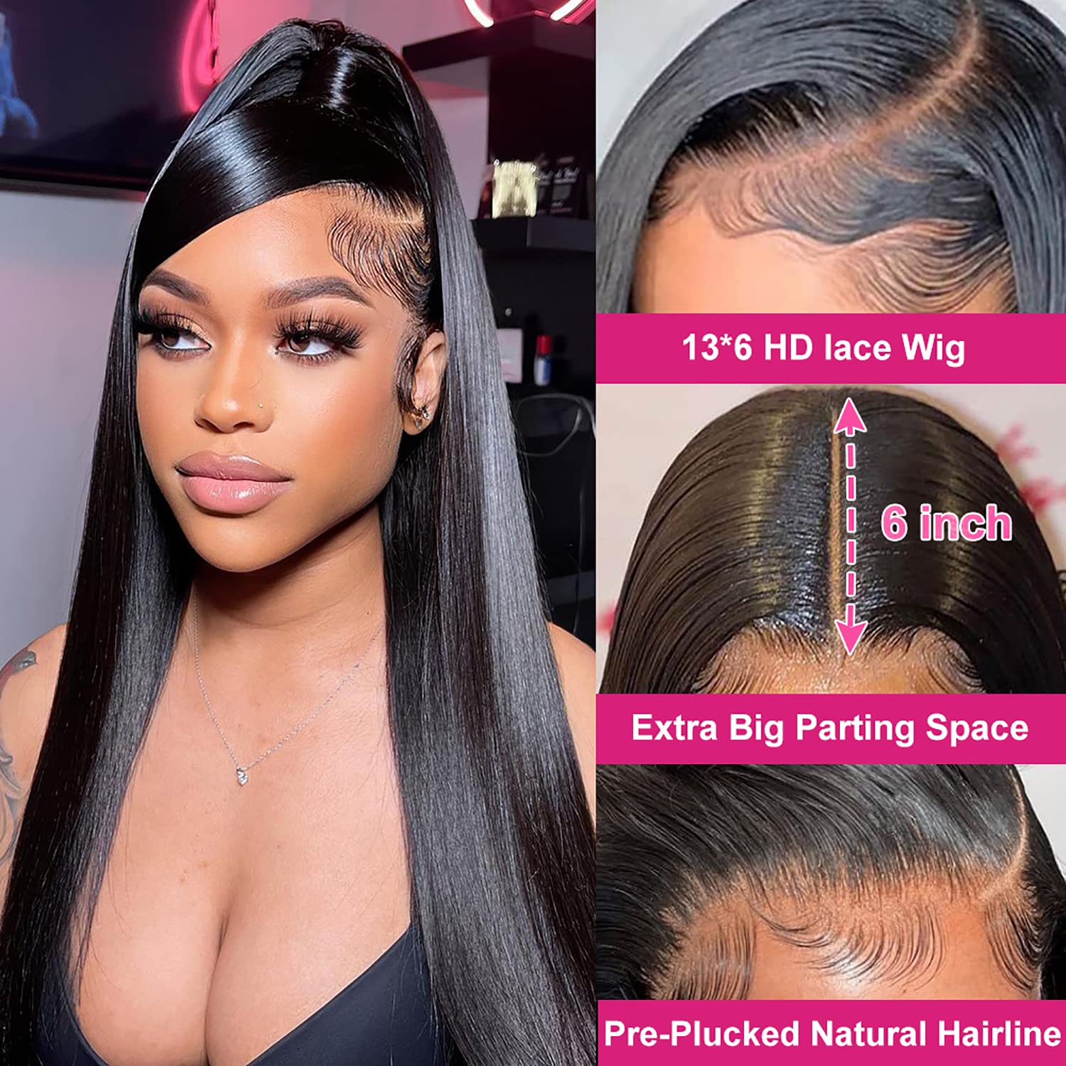 13x6 Lace Front Human Hair Wigs - 180 Density Straight HD Transparent Lace Wig for Women | Pre-Plucked with Baby Hair | Natural Black Color (26 Inch) | Perfect for Daily Wear, Cosplay, and Special Occasions