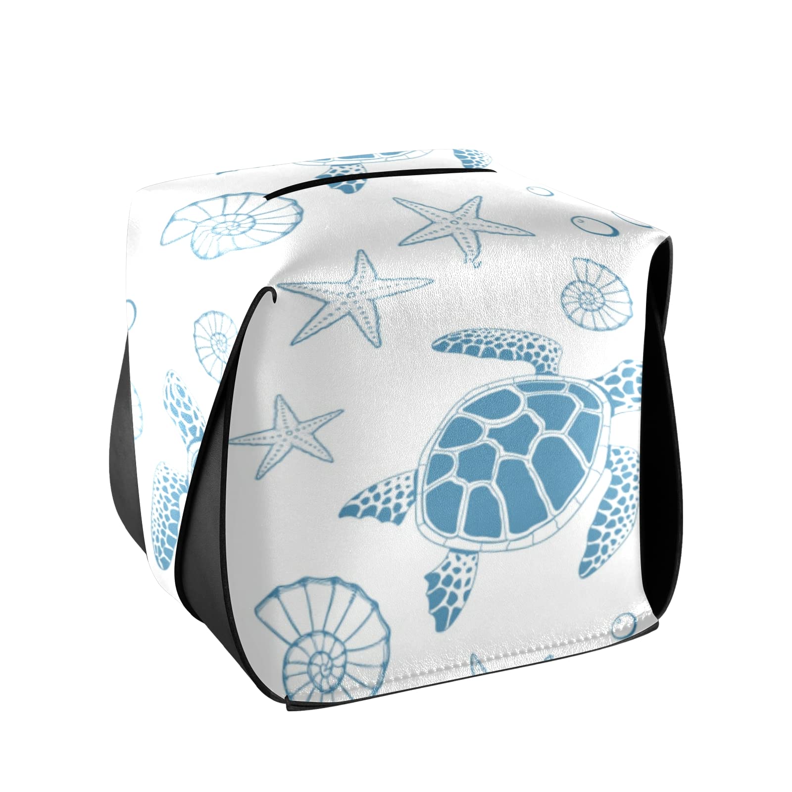 Blue Sea Turtle Starfish Ocean-Themed Leather Tissue Box Cover with Handle - Waterproof Bathroom Vanity Decor for Home, Office, Car (5.7x5.7x5.7 in) | Perfect for Coastal Beach House Decor & Nautical Gift Ideas