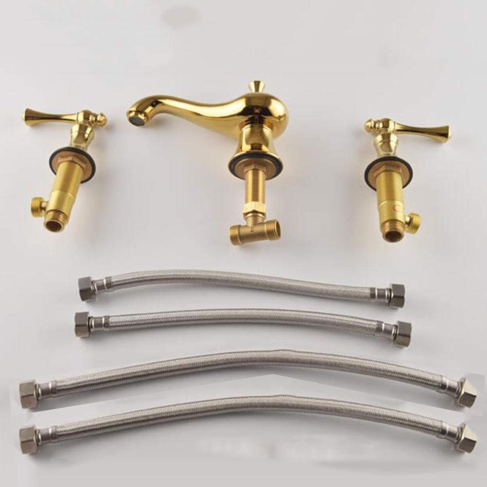 3 Hole Basin Mixer Tap - Golden Brass Hot & Cold Water Faucet with 2 Handles, Double Switches, Splash Prevention & Leak-Proof Design - Perfect for Bathroom Sink, Vanity, and Powder Room Installation