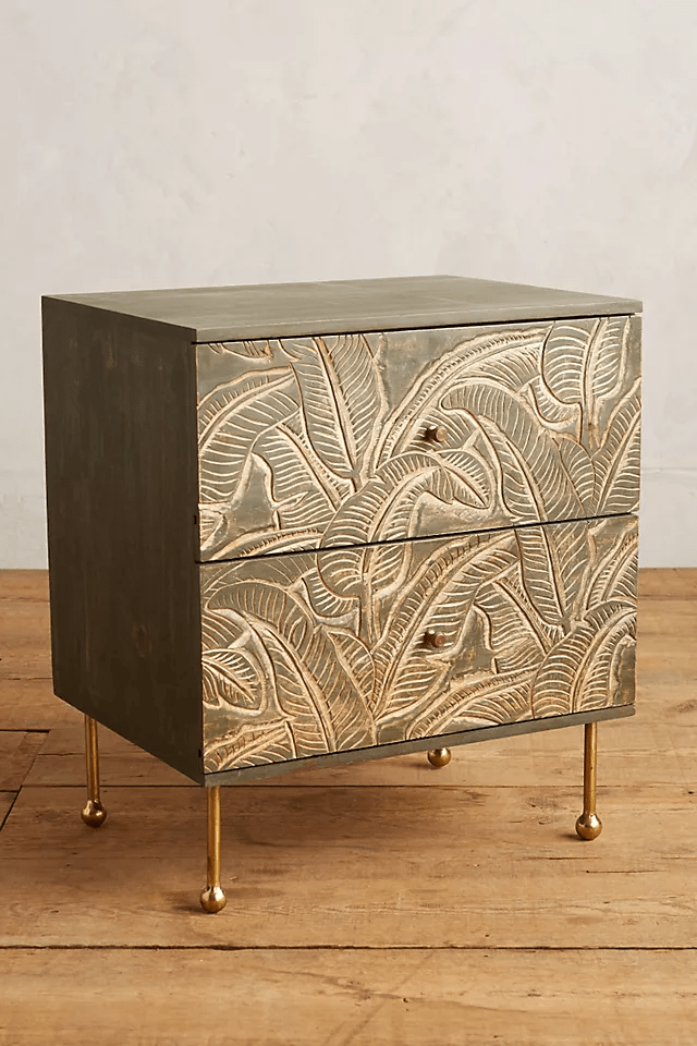Hand Carved Leaf Design Nightstand - Modern Indian Style Bedside Table with Storage for Bedroom Decor & Small Spaces