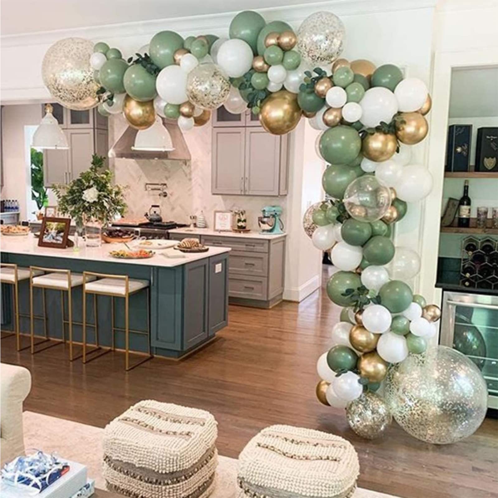 139PCS Olive Green Balloon Garland Arch Kit with White Gold Confetti Balloons - Retro Green & Gold Metallic Chrome Latex Balloons Set for Wedding, Birthday Party, Baby Shower Decorations - Perfect for Anniversary Celebrations, Bridal Showers and Holiday Home Decor