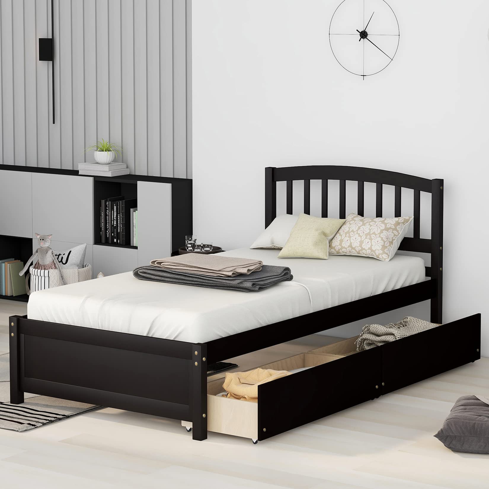Solid Wood Twin Platform Storage Bed Frame with Headboard & 2 Drawers - Espresso Finish - Perfect for Small Bedrooms, Guest Rooms & Kids' Rooms