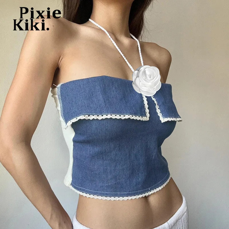 3D Flower Applique Halterneck Backless Camisole Top for Women - Blue Denim Patchwork Y2K Fashion Going Out Tops | Perfect for Parties, Date Nights & Summer Outfits