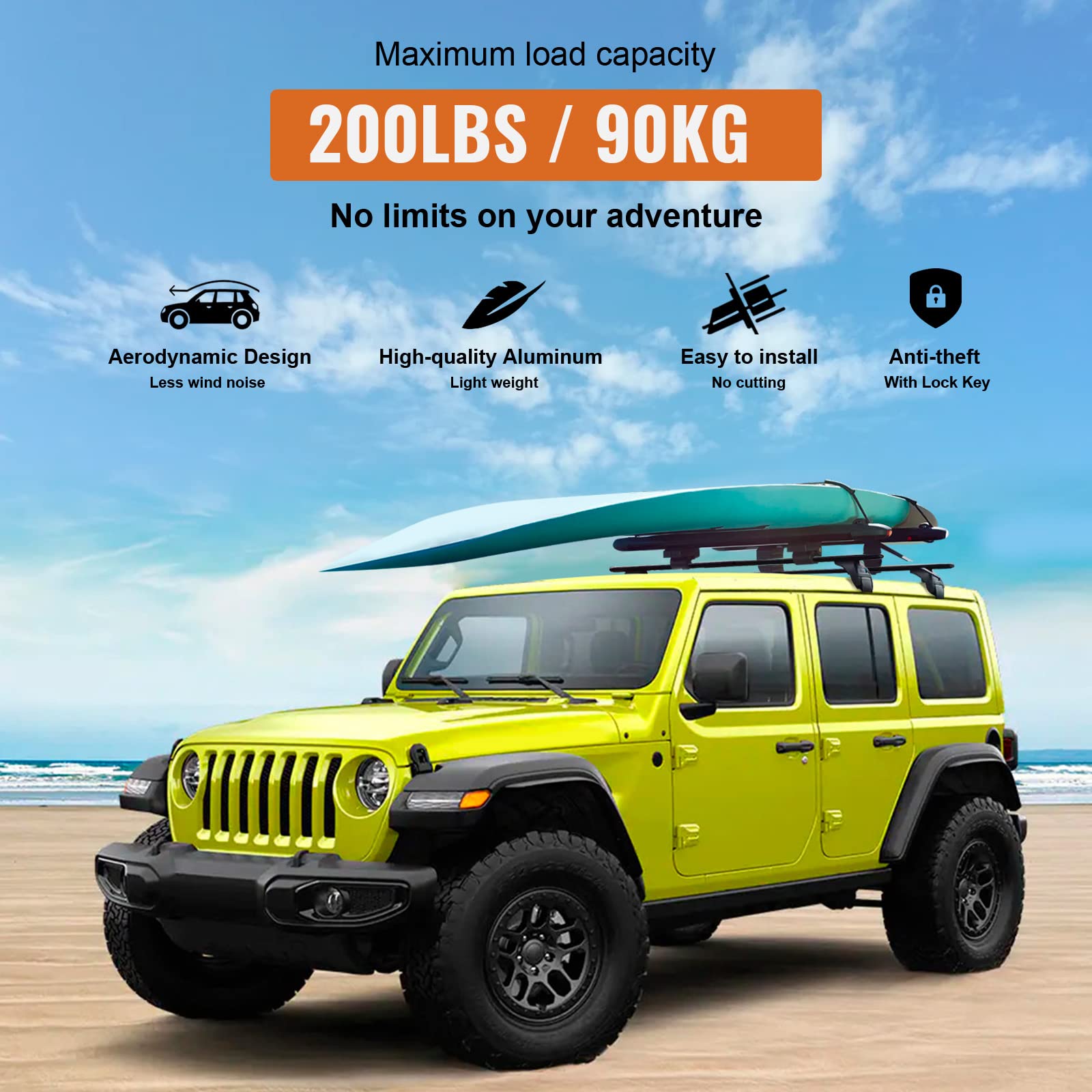 Heavy Duty Aluminum Roof Rack Cross Bars 200lb Capacity - Compatible with Jeep Wrangler JK JL & Gladiator JT (2007-2024 Models) - Anti-Theft Locking System - 2/4 Door Universal Fit - Perfect for Rooftop Cargo, Kayak, Bike, Ski & Outdoor Gear Carrier