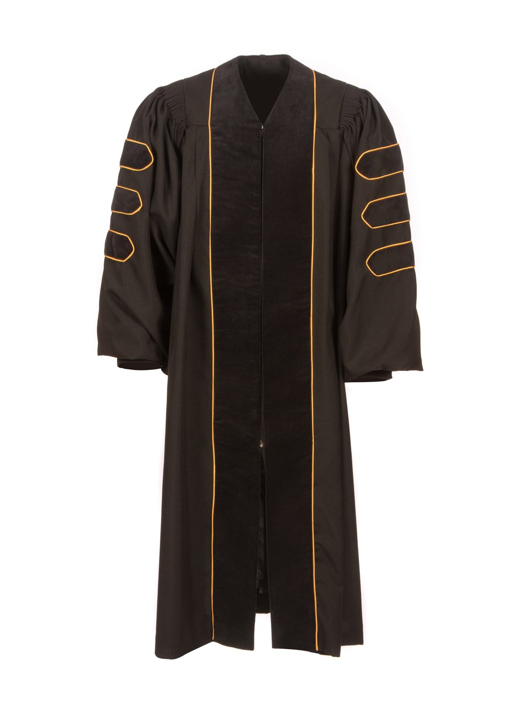 American Doctoral Graduation Gown - Black with Black Velvet & Gold Piping for PhD Graduation Ceremony | Perfect for Academic Commencement, Doctoral Hooding & Formal University Events