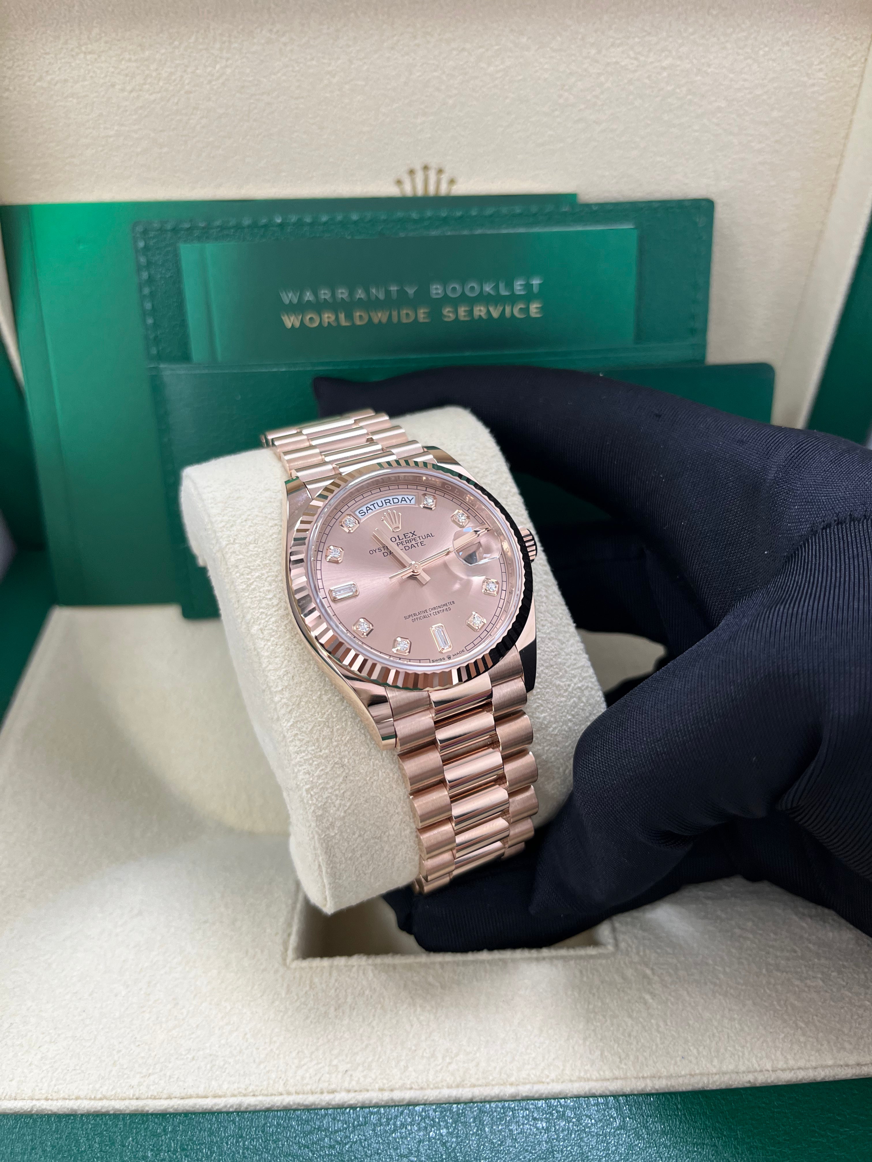 Rolex Day-Date 36 Everose Gold Watch - Fluted Bezel, Rose Diamond Dial, President Bracelet (Ref. 128235) | Luxury Dress Watch for Business & Formal Occasions