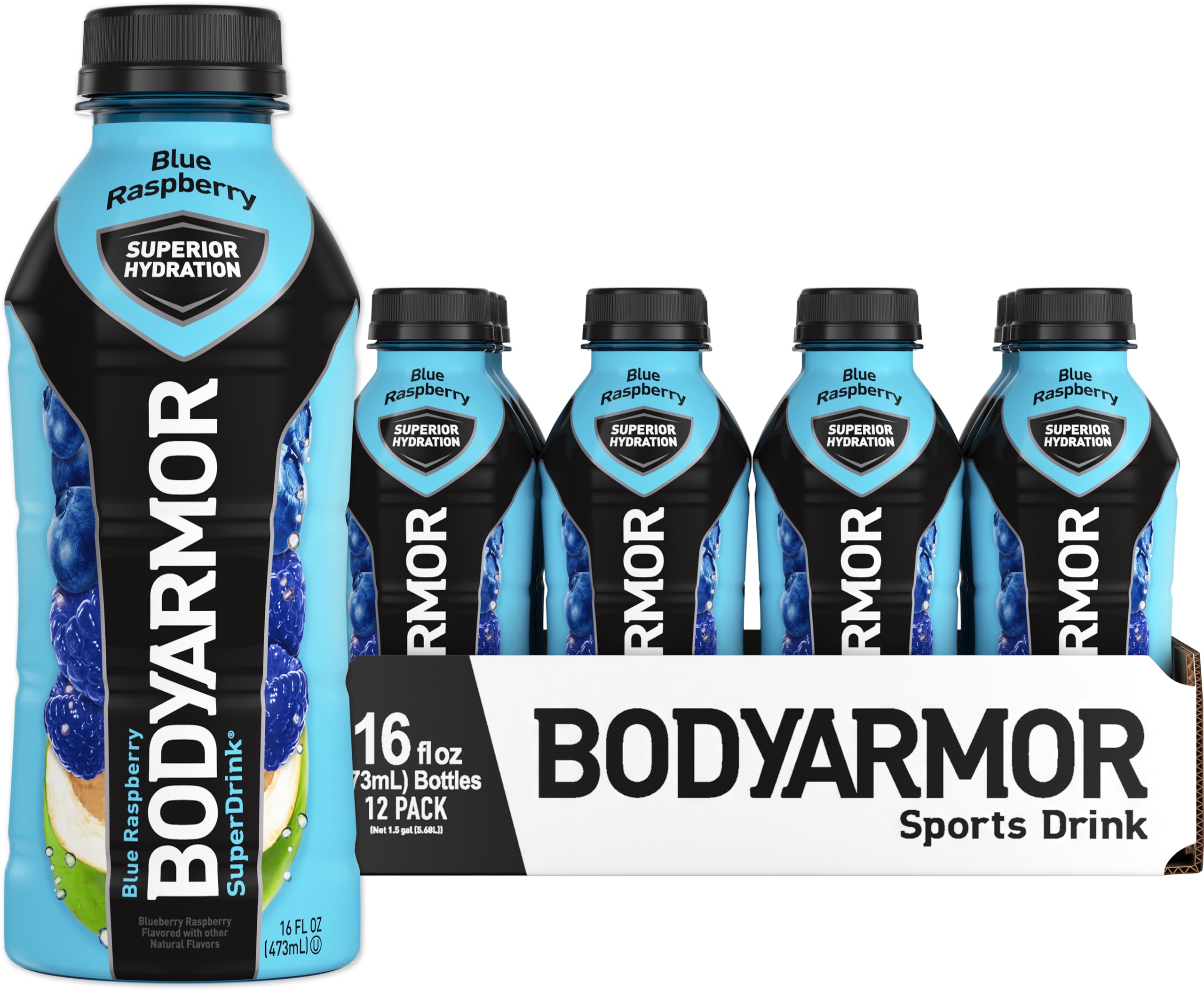 BODYARMOR Blue Raspberry Sports Drink - Natural Flavors, Vitamins & Potassium-Packed Electrolytes | No Preservatives | 16 Fl Oz (Pack of 12) | Hydration for Athletes, Workouts & Active Lifestyles