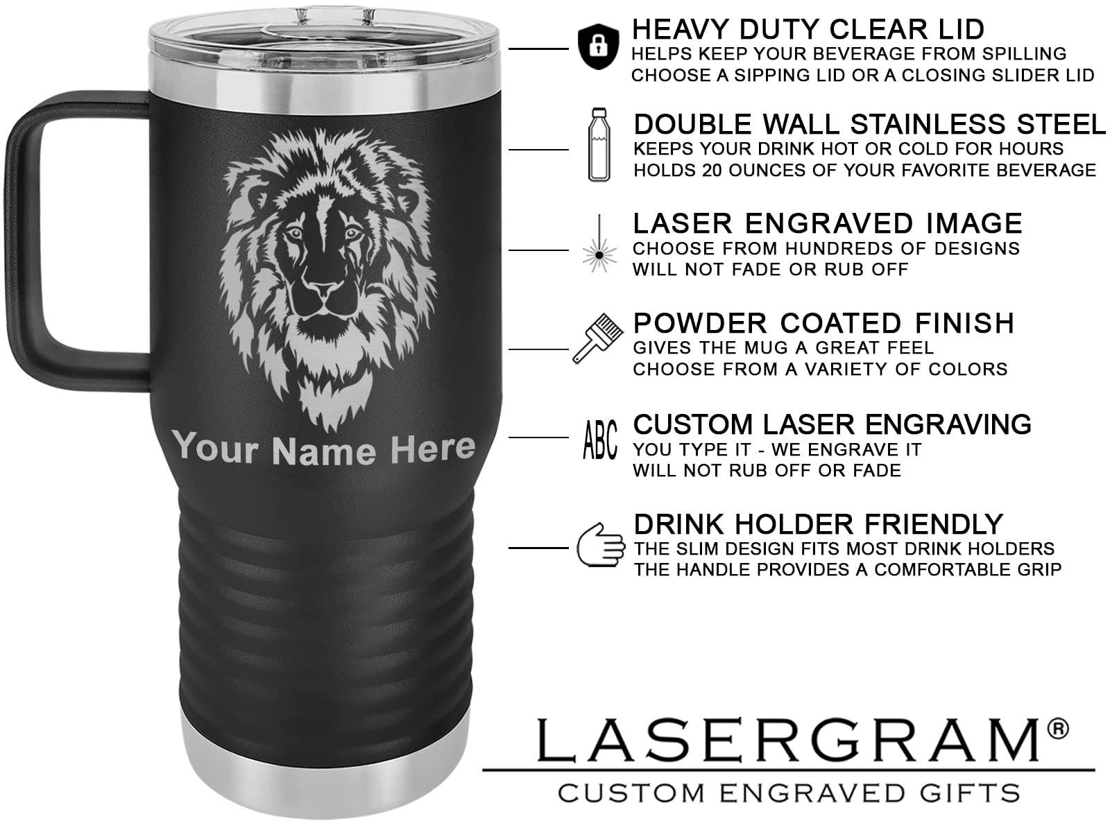LaserGram 20oz Vacuum Insulated Stainless Steel Travel Mug with Handle - California Republic Bear Flag Design, Personalized Engraving Option, Leak Proof & Temperature Retention - Perfect for Coffee, Tea & Outdoor Adventures (Black)