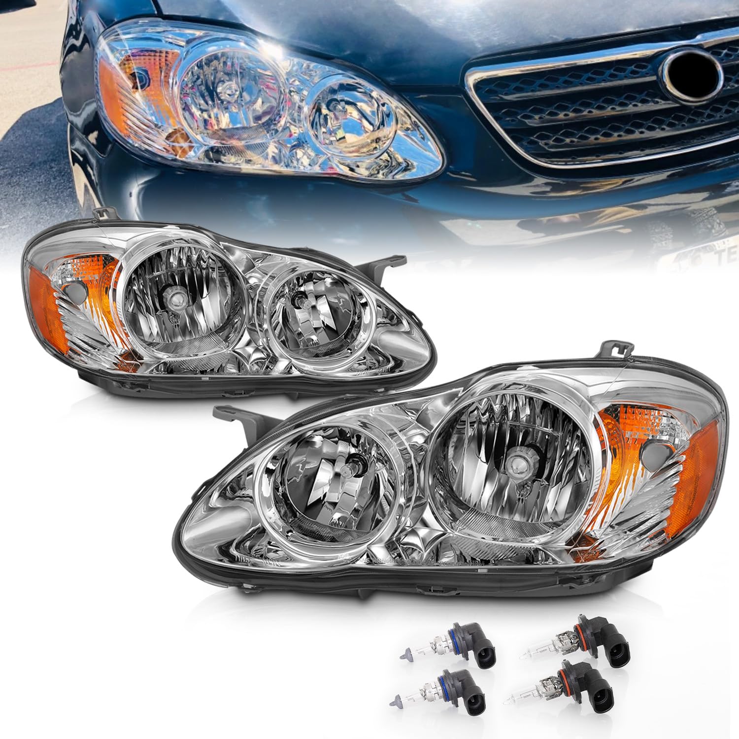 AmeriLite Clear Chrome Halogen Headlights Assembly Pair for 2003-2008 Toyota Corolla Sedan - Driver & Passenger Side Replacement - Perfect for Night Driving & Enhanced Visibility