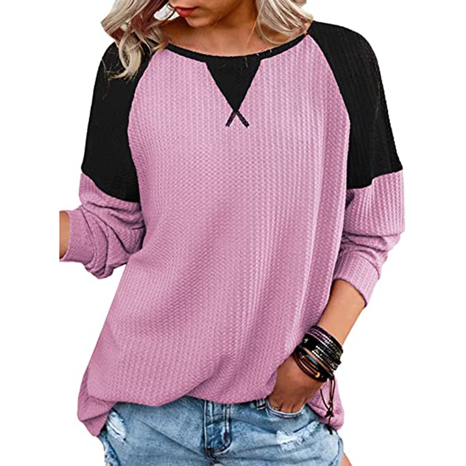 Winter Women's Waffle Knit T-Shirt - Casual Round Neck Long Sleeve Patchwork Pullover Sweater | Soft & Loose Fit for Everyday Wear, Office, and Outings