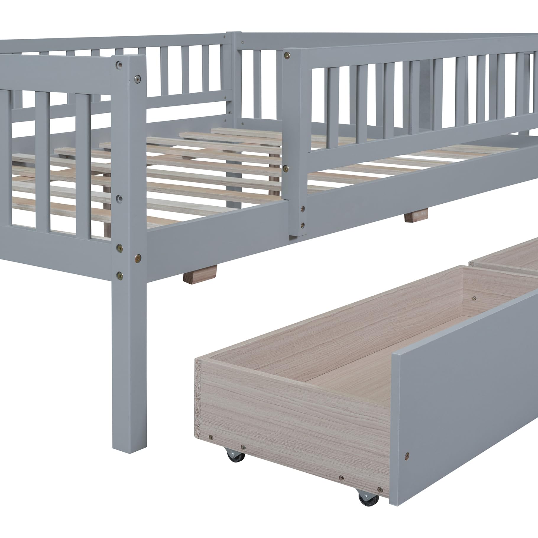 TRIPLE TREE Full Size Daybed with 2 Storage Drawers - Solid Wood Low Loft Platform Bed Frame with Fence Guardrail & Support Slats - No Box Spring Needed - Gray - Perfect for Teens, Adults, Boys & Girls Bedrooms, Guest Rooms or Small Spaces