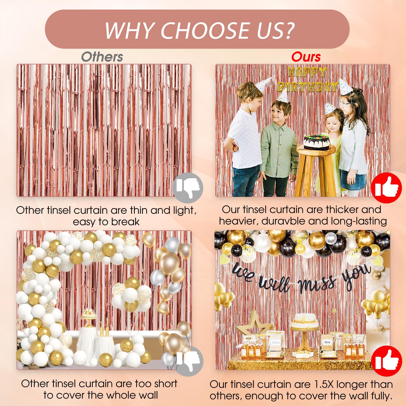 3 Pack Rose Gold Foil Fringe Backdrop Curtains - 3.3x9.9ft Tinsel Party Decor for Birthday, Photo Booth, Galentines & Events - Shimmering Streamer Backdrop for Weddings, Baby Showers & Holiday Celebrations