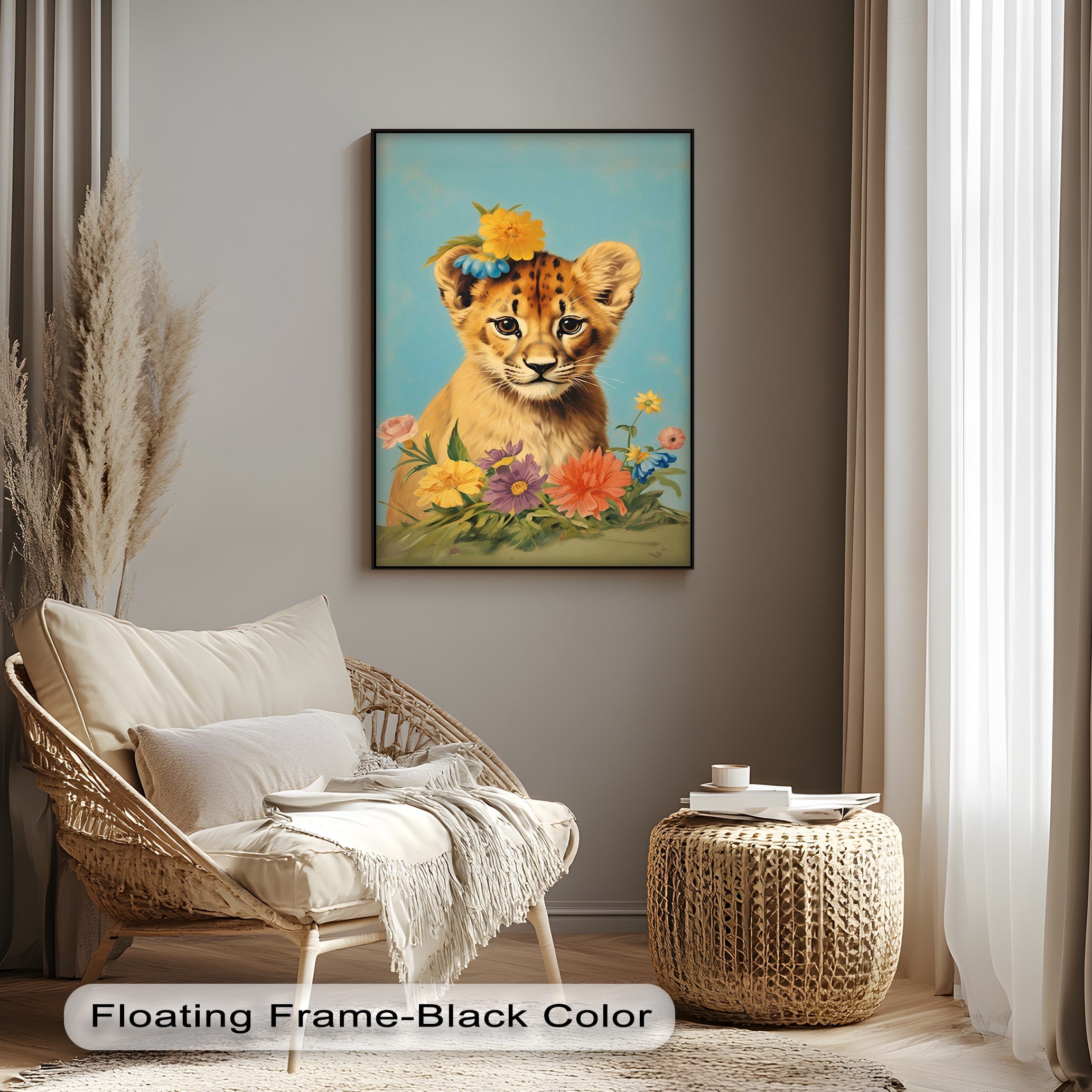 Blossom Crowned Cub - Animal Canvas Print Wall Art for Nursery, Kids Room & Home Decor | Unique Wildlife Painting for Bedroom, Living Room & Office