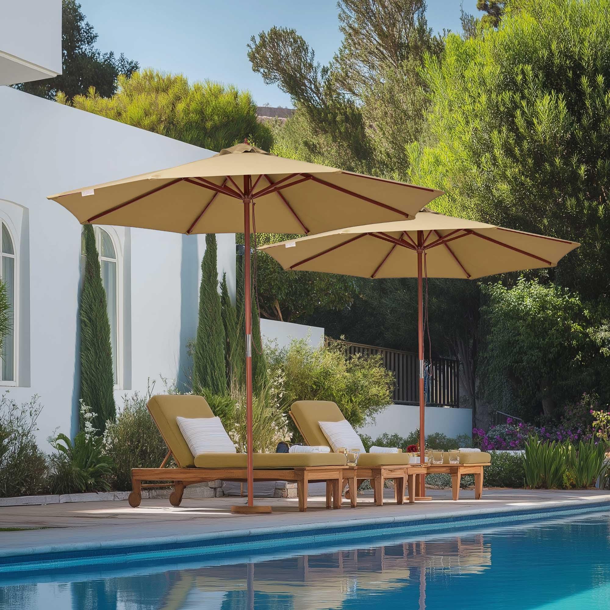 Yescom 9ft Tan Wooden Outdoor Patio Umbrella with Pulley - Perfect for Garden, Yard, Beach, Deck & Cafe - Sun Shade for Outdoor Dining & Relaxation