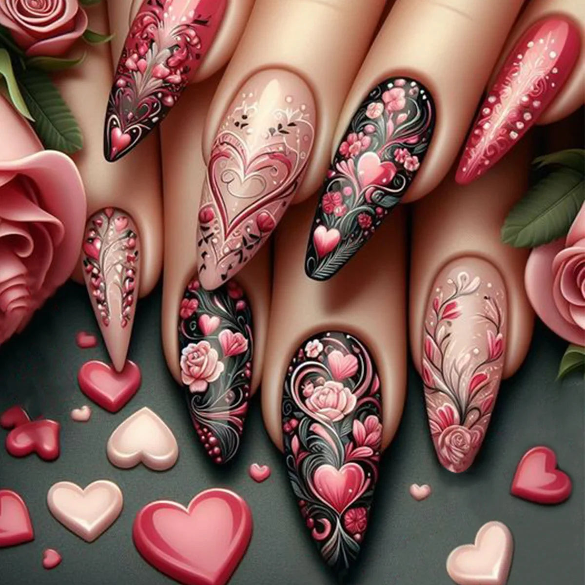 24Pcs Retro French Fake Nails with Moon Leaves Design - Glitter False Nails Mid Length Almond Shape - Reusable Press on Nails for Women - Perfect for Parties, Weddings & Special Occasions