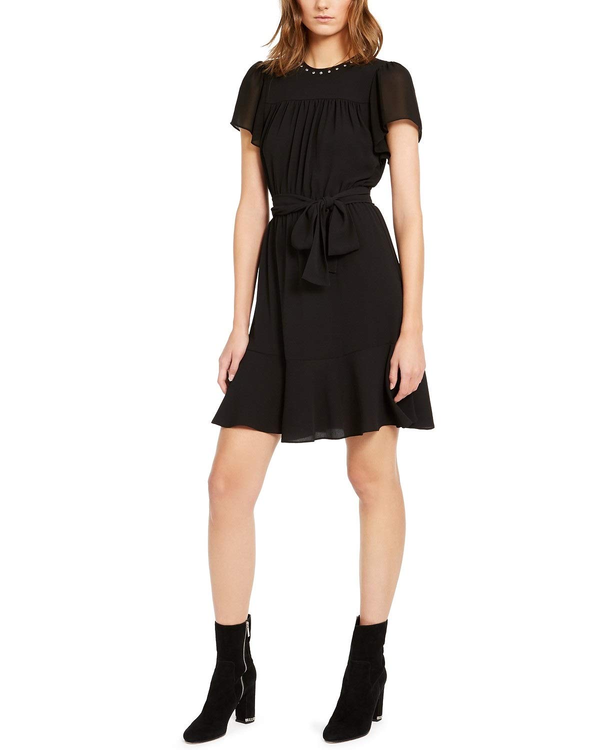 Michael Kors Embellished Sheer-Sleeve Black Dress for Women | Elegant Evening Gown for Parties, Weddings & Special Occasions