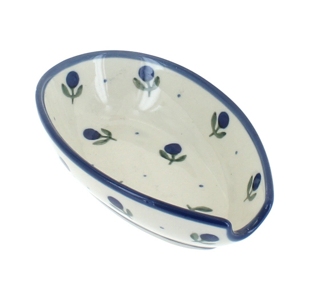 Handmade Blue Rose Polish Pottery Blueberry Spoon Rest - Small Ceramic Spoon Holder for Tea, Coffee, and Kitchen Decor