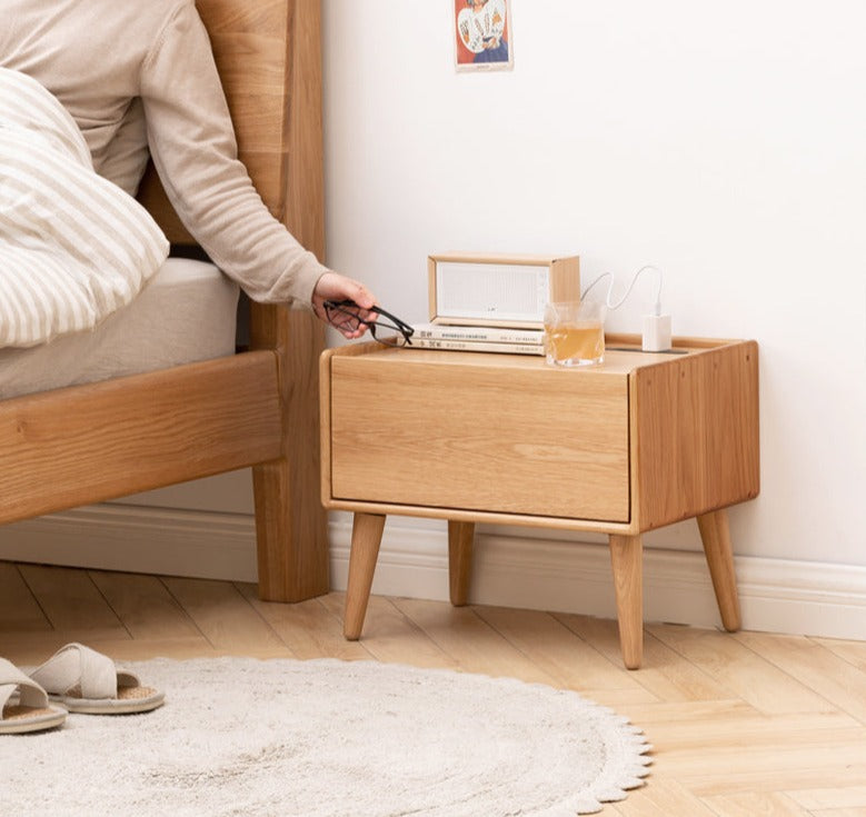 Solid Oak Wood Nightstand with Built-in USB Outlet - Perfect for Bedroom, Living Room, or Office Use