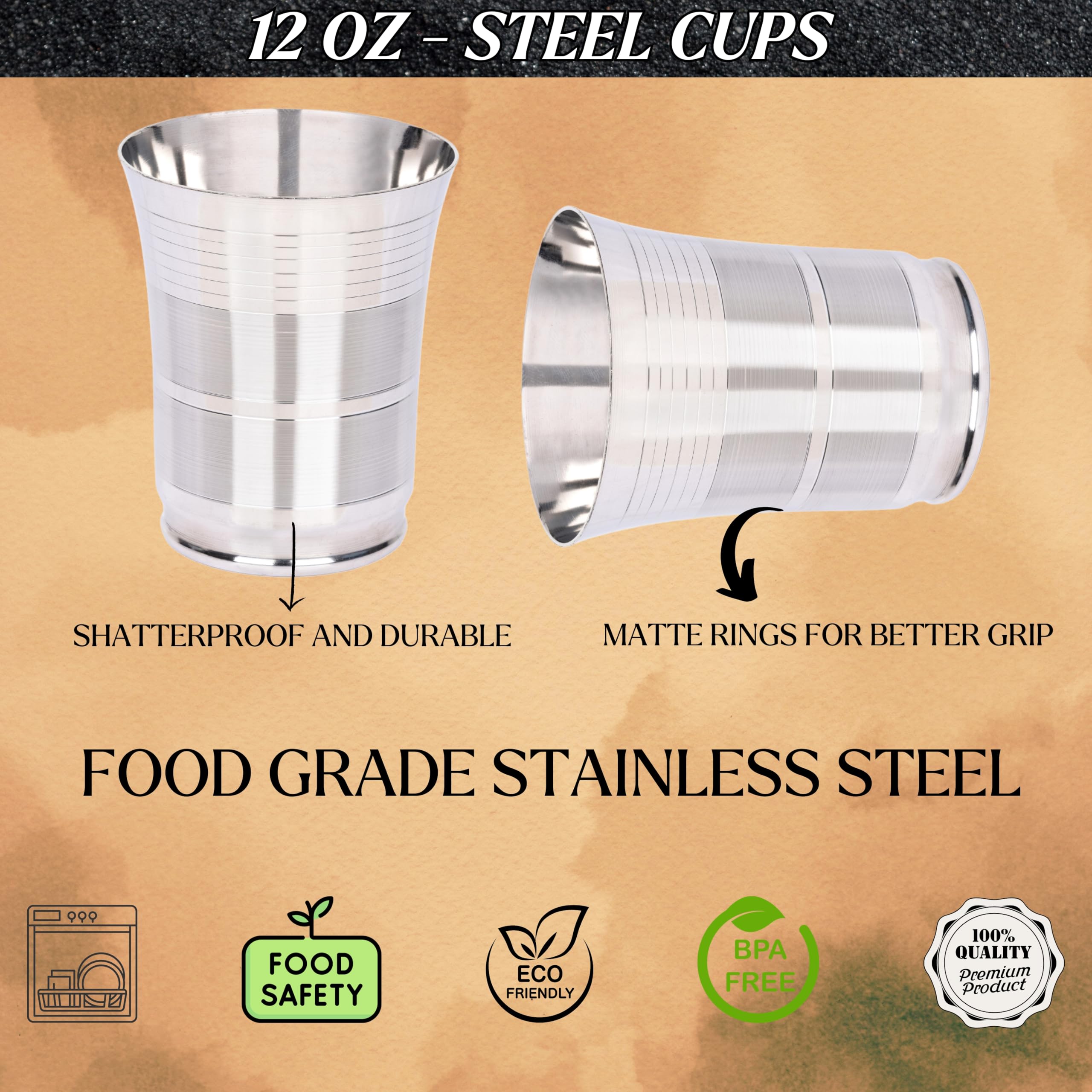Premium 12 oz Stainless Steel Cups (6 Pack) - Mirror Finish Metal Drinking Glasses, BPA-Free Stackable Tumblers for Home, Kitchen, Restaurants & Outdoor Camping, Picnics, BBQs, and Parties