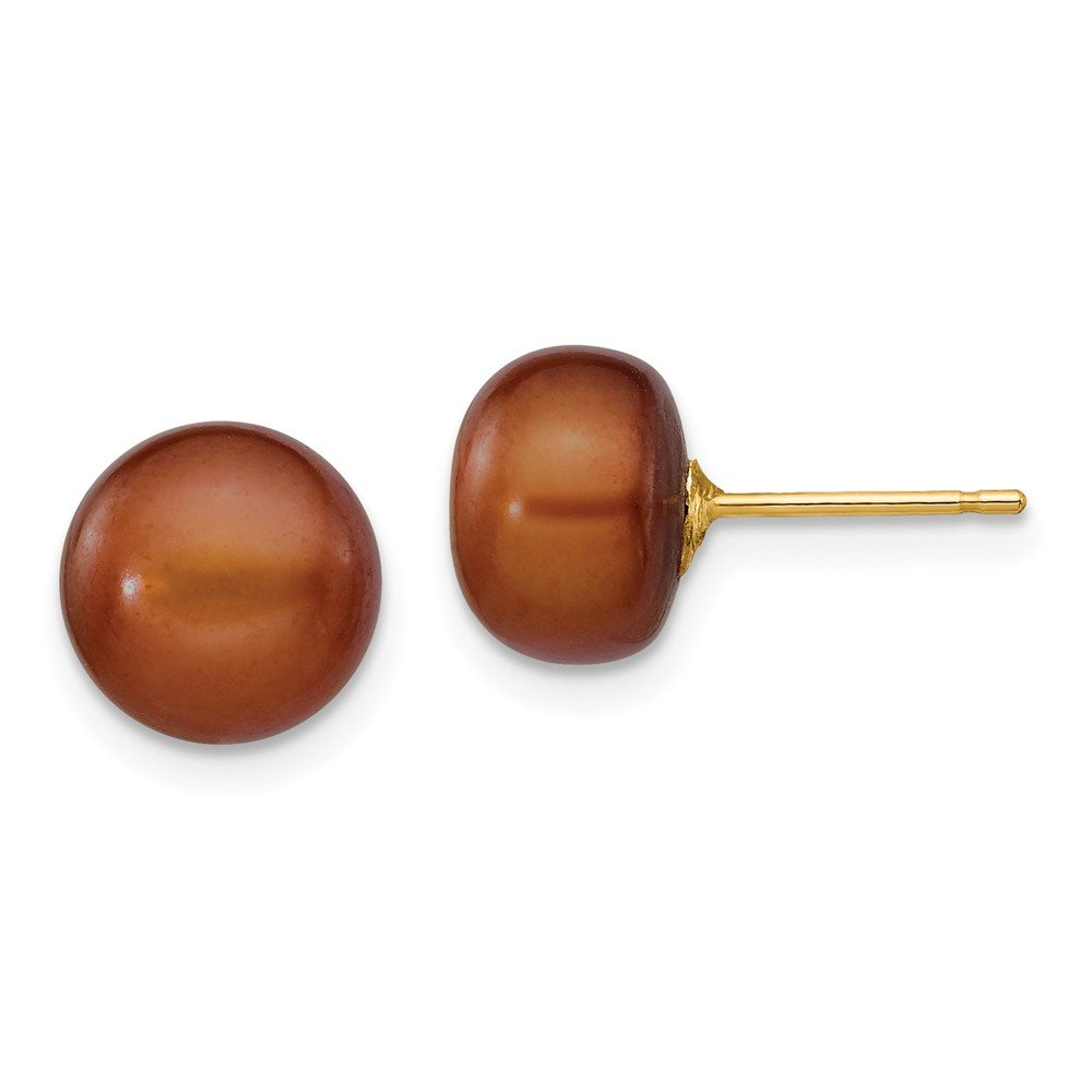 14K Solid Yellow Gold Coffee Button Freshwater Cultured Pearl Stud Earrings 8-9mm - Elegant Pearl Jewelry for Women, Perfect for Weddings, Parties & Everyday Wear