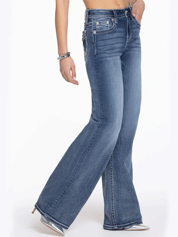 Miss Me H9478W2L Women's Maya Logo Wide Leg High Rise Jeans - Medium Wash Denim Pants for Casual Wear & Everyday Outfits
