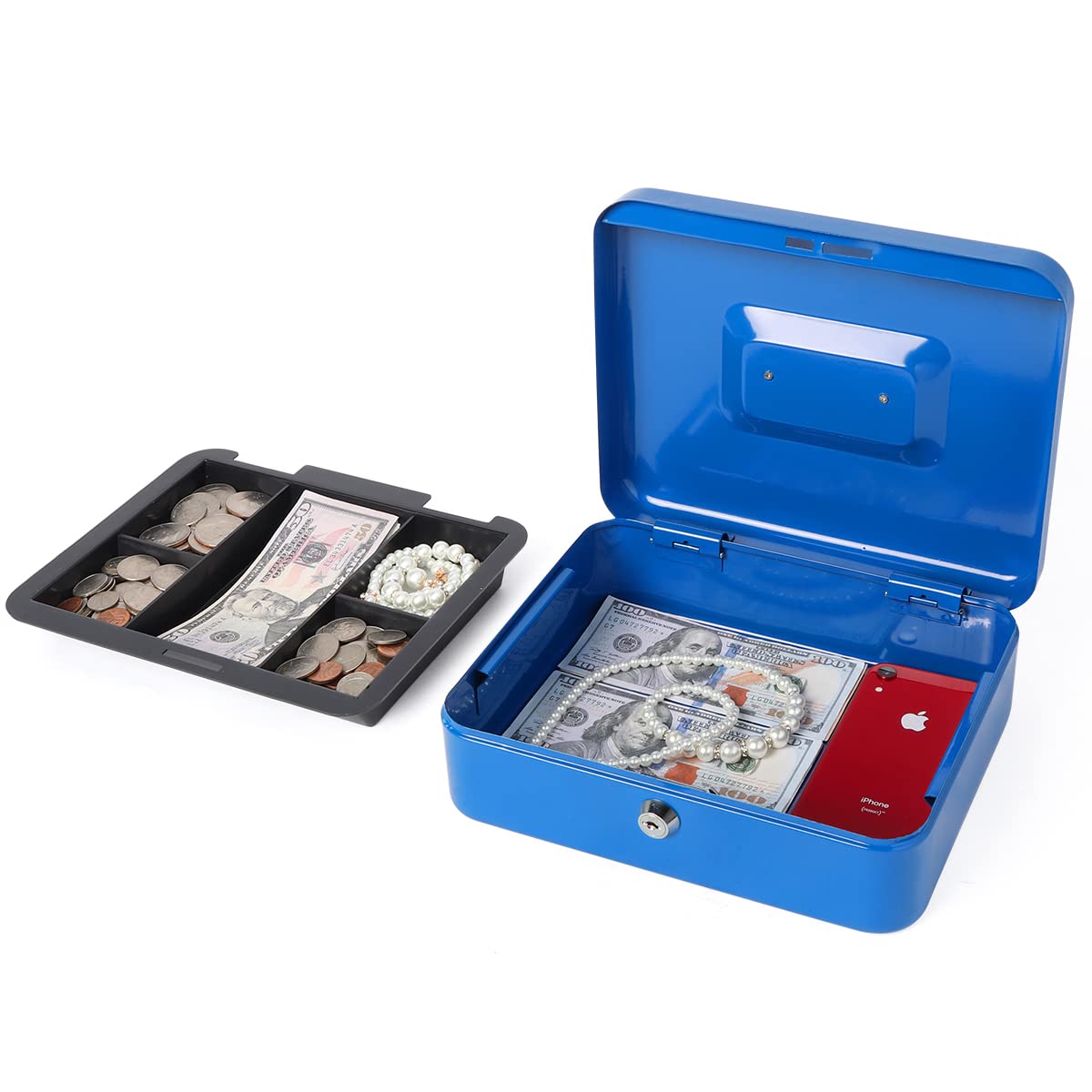 Lovndi Metal Cash Box with Money Tray & Lock - 9.84 x 7.87 x 3.54 Inches Blue Lockbox for Small Business, Home Office, Retail Store & Event Money Security