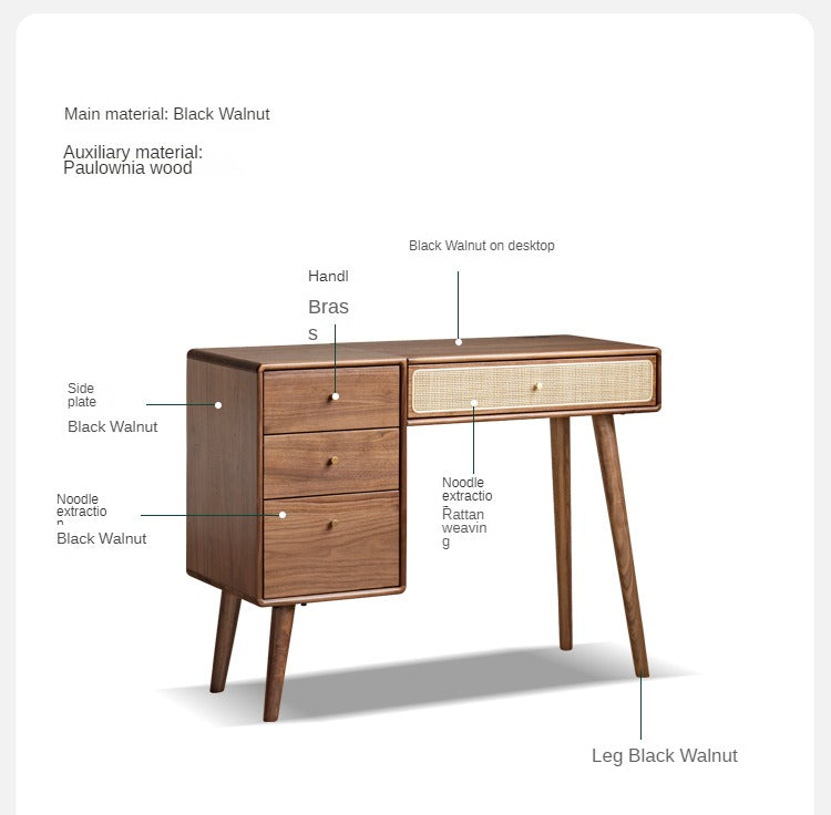 Premium Black Walnut Solid Wood Rattan Vanity Dressing Table - Elegant Makeup Desk with Mirror for Bedroom, Bathroom & Boudoir Organization
