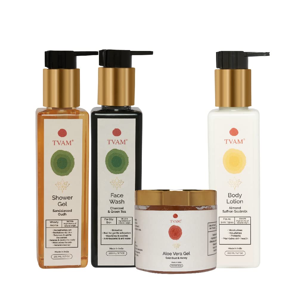 Luxury Bathing Combo Set for Men & Women - Sandalwood Oudh Shower Gel, Charcoal Green Tea Face Wash, Almond Saffron Goats Milk Body Lotion, 24K Gold Aloe Vera Gel | Oily Skin Care | Perfect for Spa Day, Gift Sets & Daily Skincare Routine