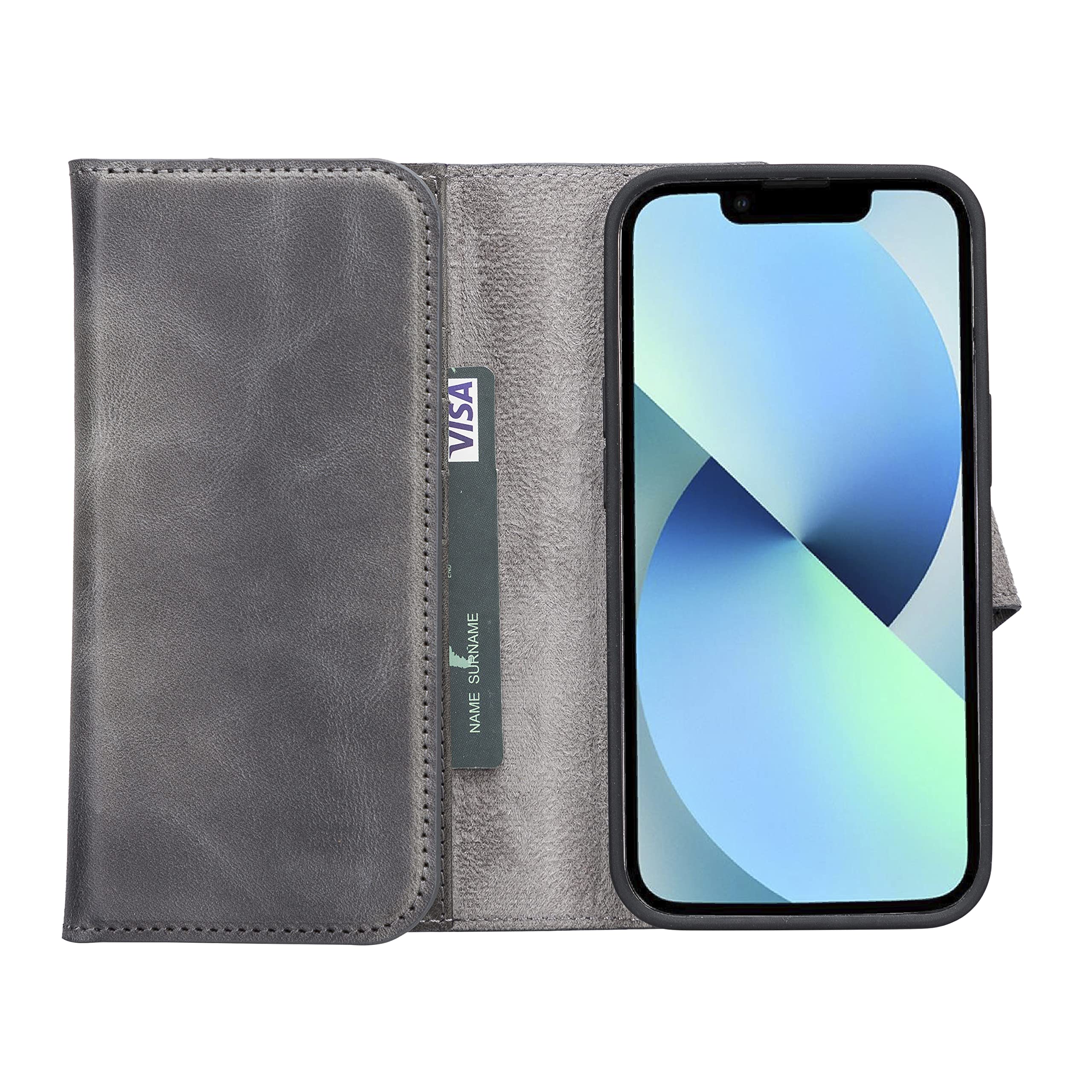 Bayelon iPhone 13 Pro Case - Premium Full Grain Leather Trifold Wallet Cover with Magnetic Detachable Phone Holder, Card Slots & Kickstand | Magsafe Compatible Protective Case for iPhone 13 Pro (Smoked Black) - Perfect for Business Travel, Daily Commute & Hands-Free Viewing
