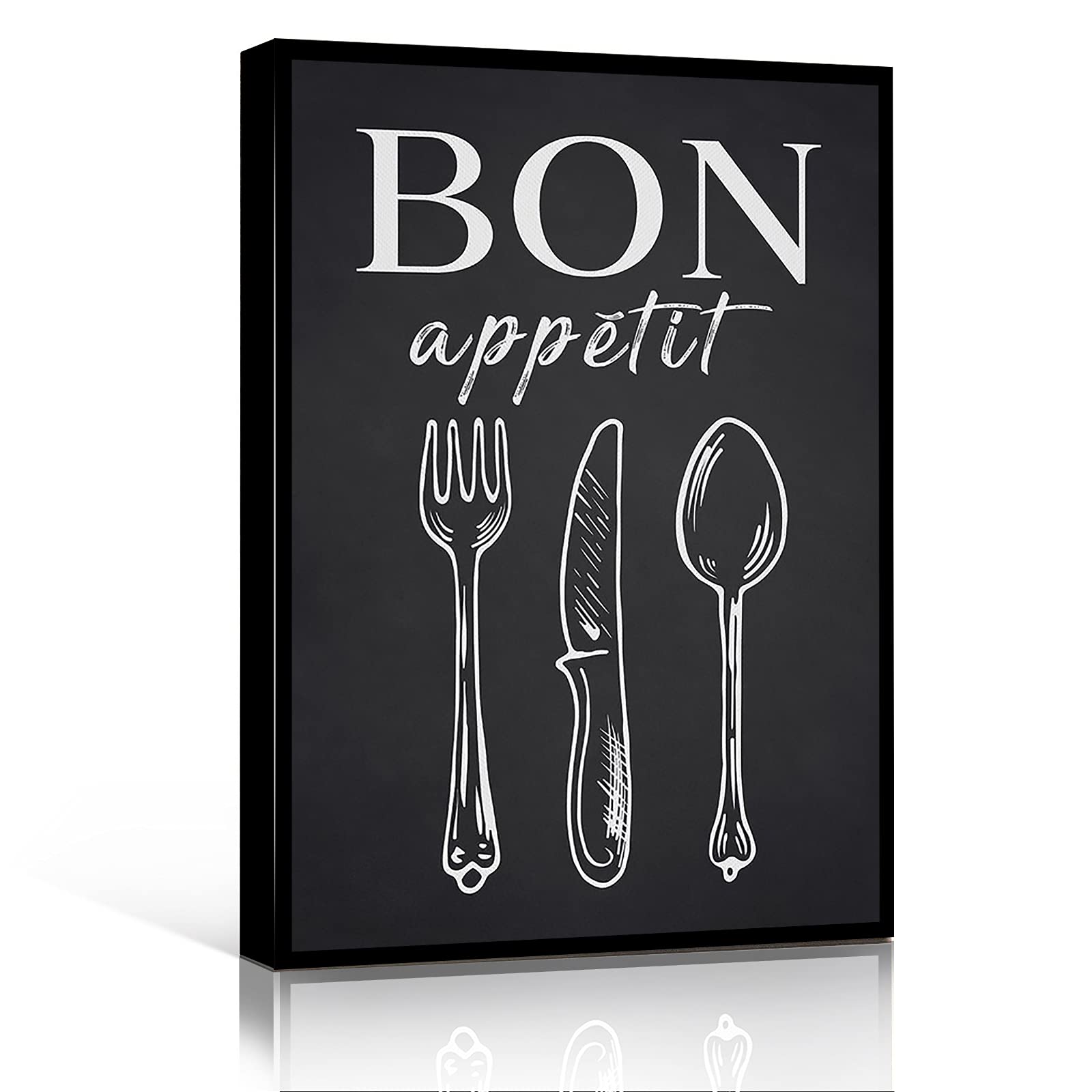 Mini Camo Kitchen Decor Set - Fork Knife Spoon Bon Appetit Canvas Wall Art Print (8x12 Inch Framed) for Modern Home, Restaurant & Cafe Dining Room - Perfect for Farmhouse & Rustic Kitchen Decor