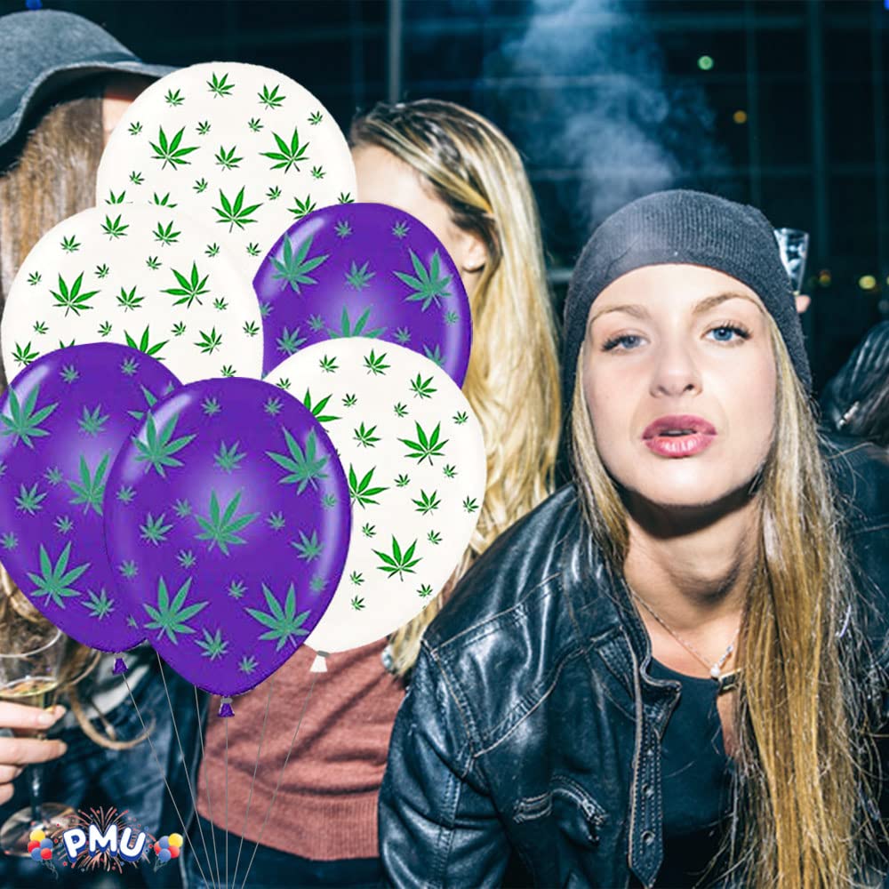 11 Inch Premium White & Purple Marijuana Balloons with Green Leaf Print - Pack of 25 for Cannabis Parties, Bachelorette, 420 Celebrations & Stoner Events