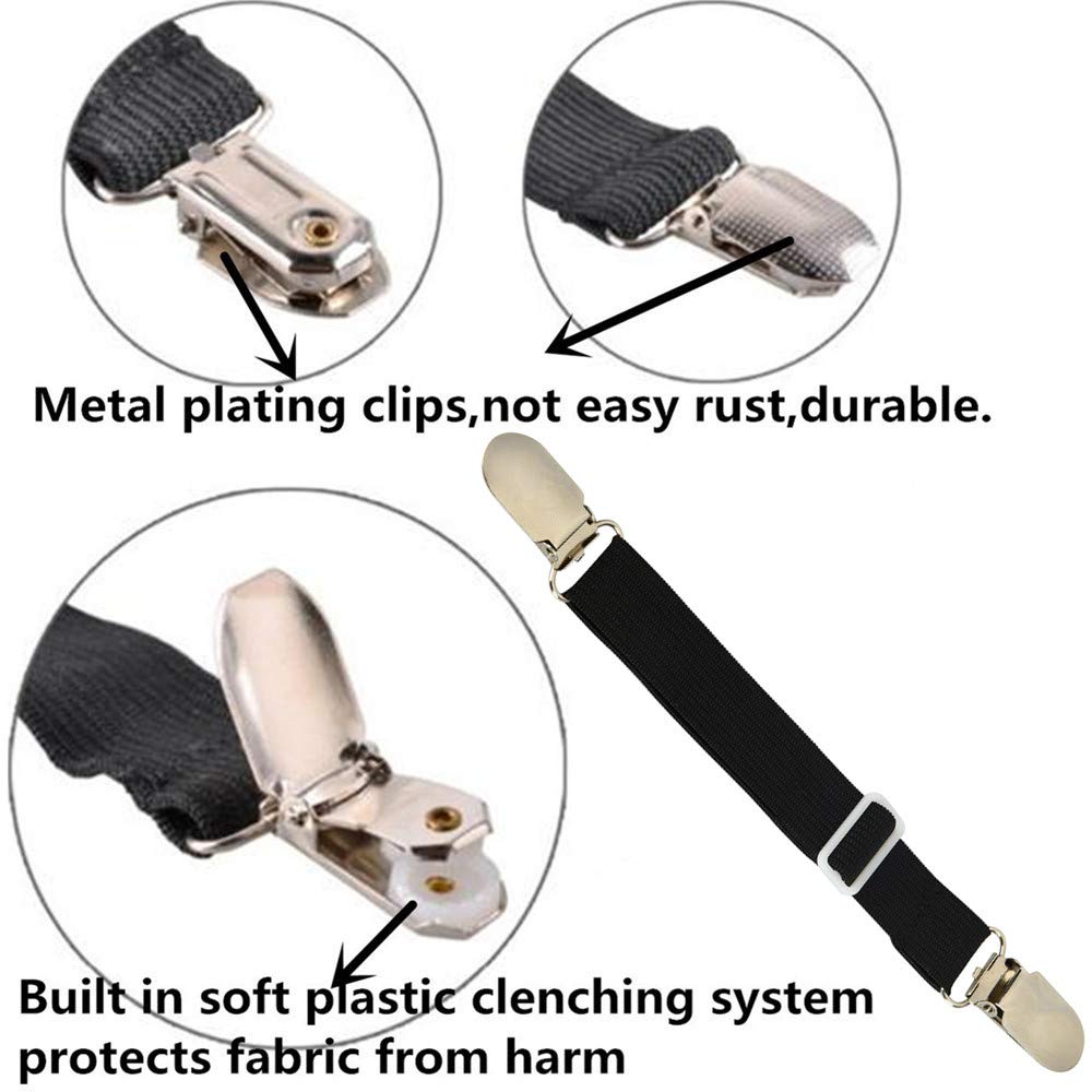 Adjustable Elastic Bed Sheet Clips Straps Holder - Black Set of 4, Secure Mattress Sheet Grippers & Fasteners - Perfect for Deep Pocket Sheets, Fitted Sheets, and Preventing Wrinkles While Sleeping