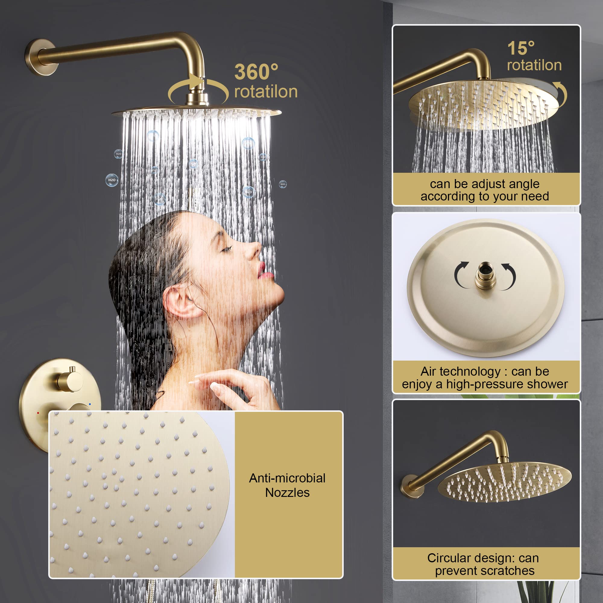 10 Inch Brushed Gold Wall Mount Shower Faucet Set - High Pressure Rainfall Shower Head with Handheld Spray - Brass Bathroom Shower System for Luxury Spa Experience
