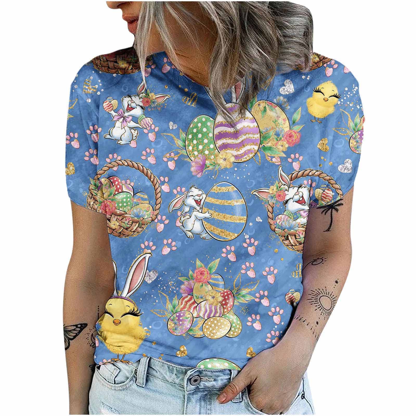 Women's Easter Rabbit Print Crewneck T-Shirt - Casual Short Sleeve Summer Top & Blouse - Graphic Tee for Easter Celebrations, Spring Outfits and Casual Wear