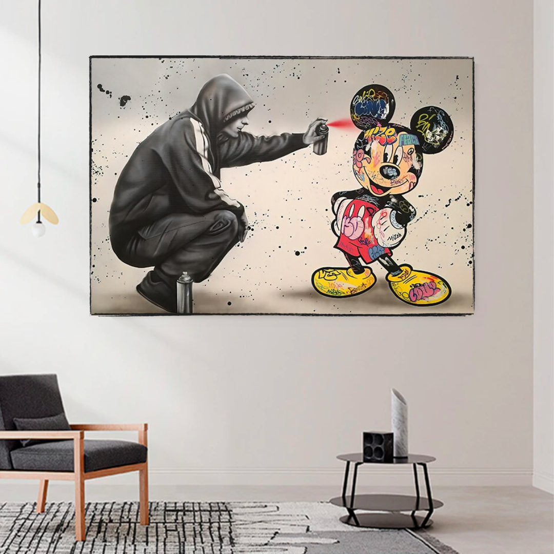 Banksy Mickey Mouse Spray Painted Canvas Wall Art - Urban Street Art Print for Modern Home & Office Decor | Perfect for Living Room, Bedroom & Studio Wall Display
