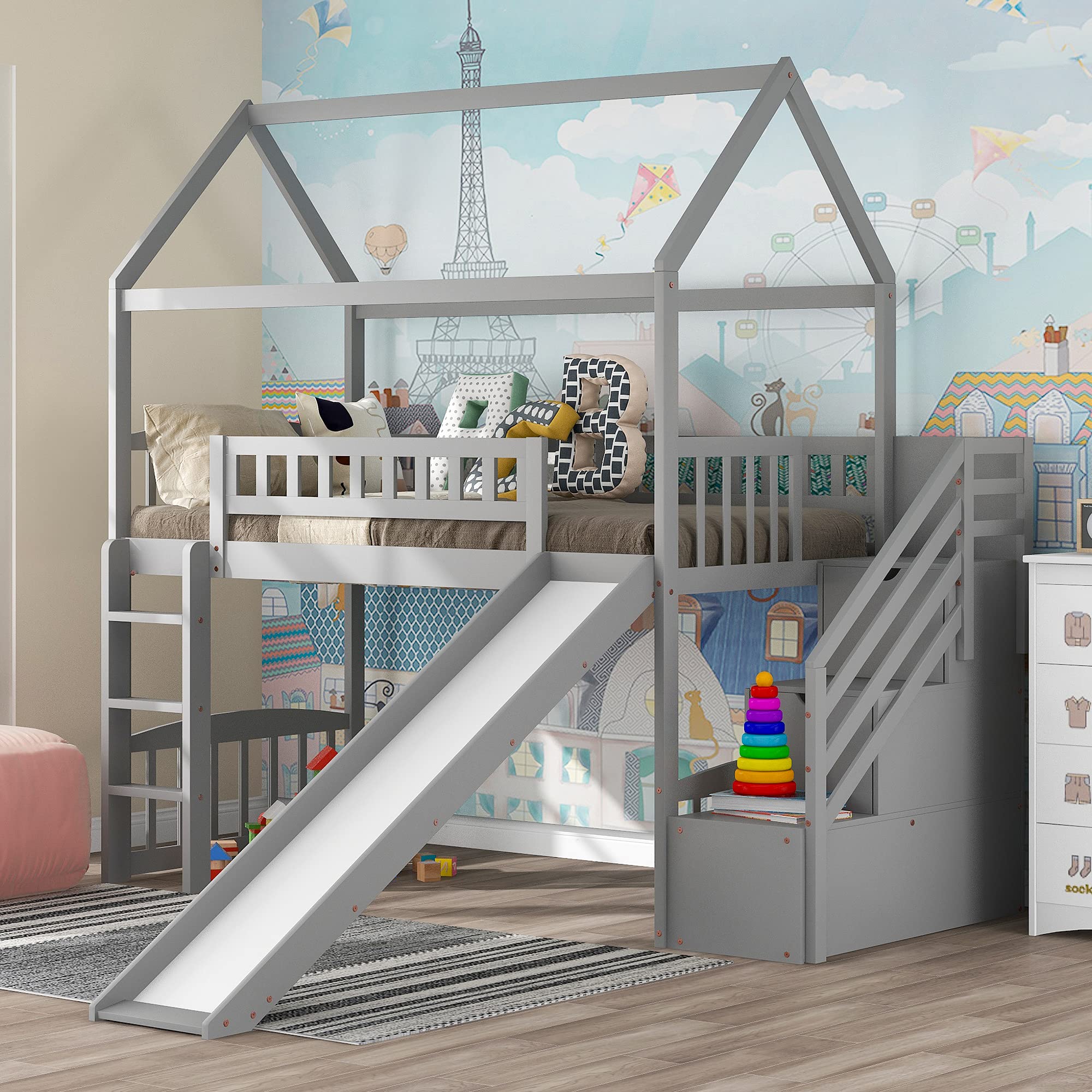 Harper & Bright Designs Solid Wood Twin Size Loft Bed with Storage Stairs & Slide - Kids, Teens, Boys & Girls Bed Frame (Gray) | Perfect for Small Bedrooms, Playrooms & Dorm Rooms