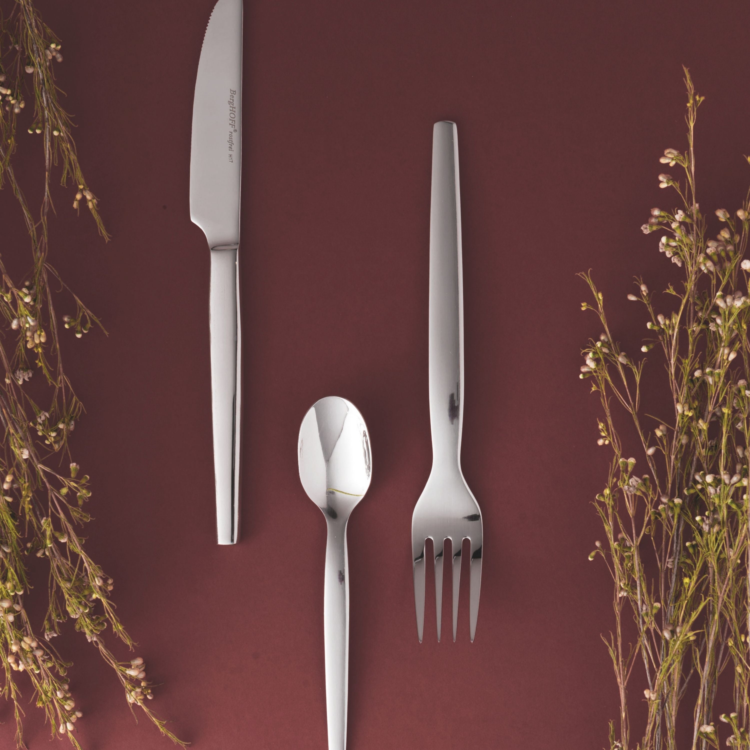 BergHOFF Essentials 48-Piece Stainless Steel Flatware Set - Quadro Design for 12 Place Settings - Elegant Dinnerware for Restaurants, Weddings & Home Entertaining