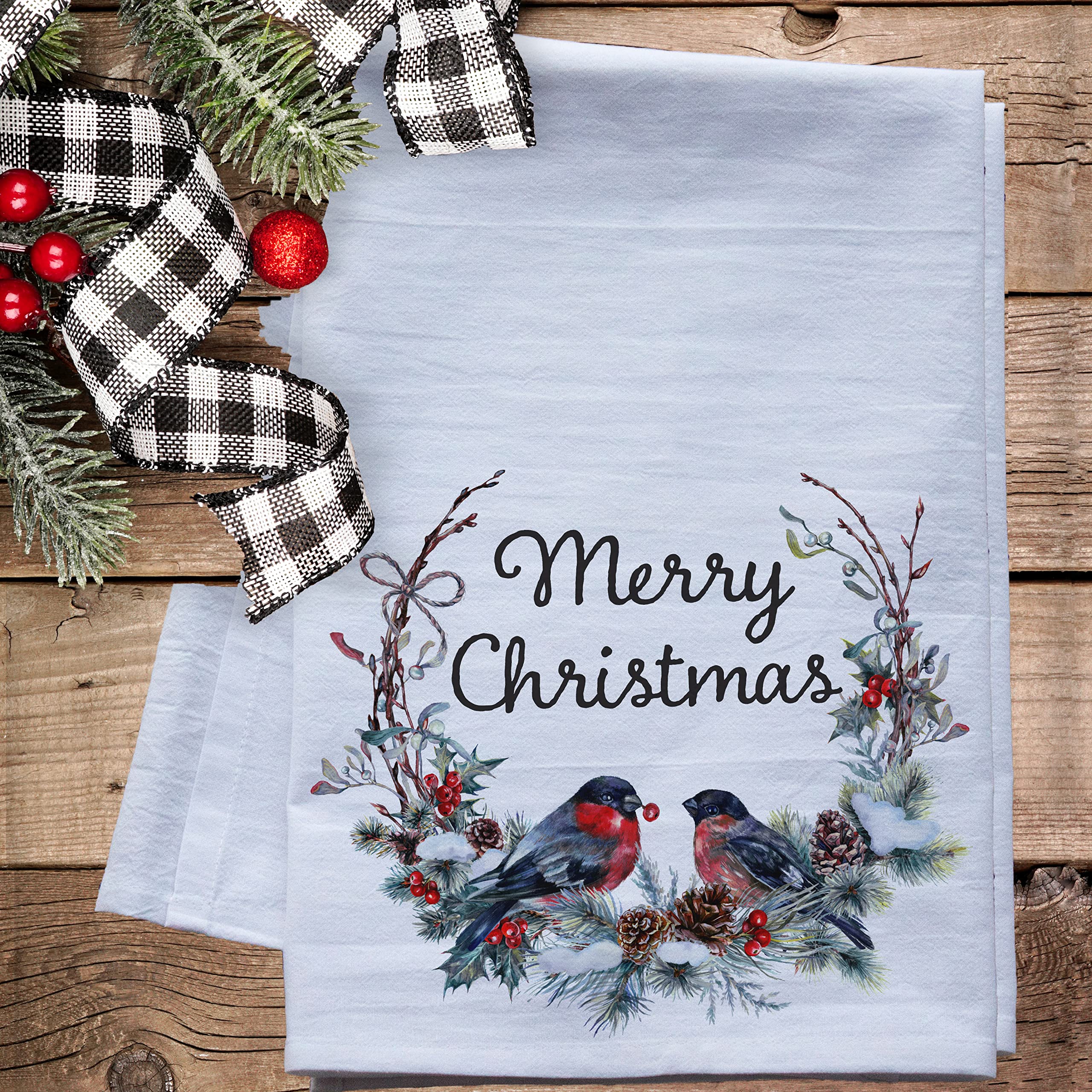 Christmas Flour Sack Dish Towels - Holiday Tea Towels for Xmas Kitchen Decor (Merry Christmas Bullfinch Wreath) | Absorbent Cotton Kitchen Towels for Baking, Cooking & Holiday Decorations