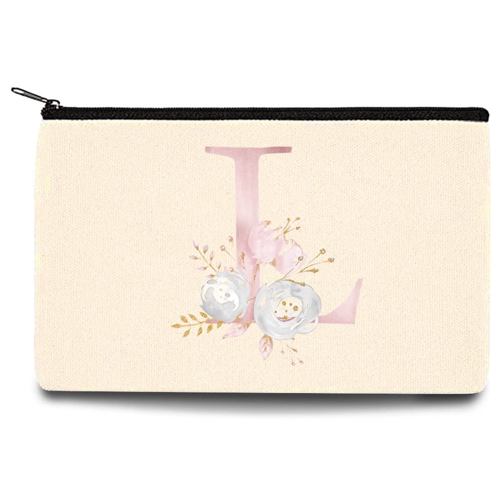 26 Letter Printed Zip Canvas Pouch - Waterproof Makeup Bag & Travel Toiletry Organizer for Women, Bride & Bridesmaids - Perfect for Cosmetics, Pencils, Coins & Small Essentials (Pink Floral Design, Large Size) - Ideal for Travel, Weddings, Gifts & Daily Organization