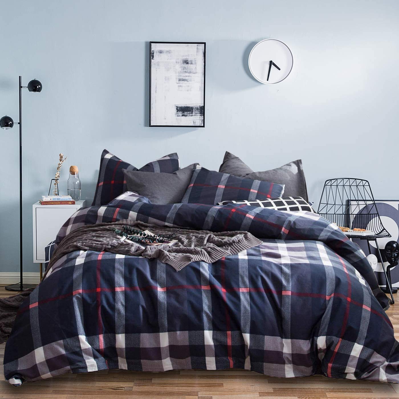 Navy Blue Plaid Comforter Set Queen Size - Buffalo Check Dark Blue & White Grid Bedding - Tartan Checkered Gingham Comforter for Teen Boys Room - Cozy Winter Bedding for Dorm, Guest Room & Master Bedroom